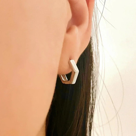 925 Sterling Silver Hexagon Stud Earrings Huggie Hoop Earrings Hexagon Hoops - Picture 3 of 5